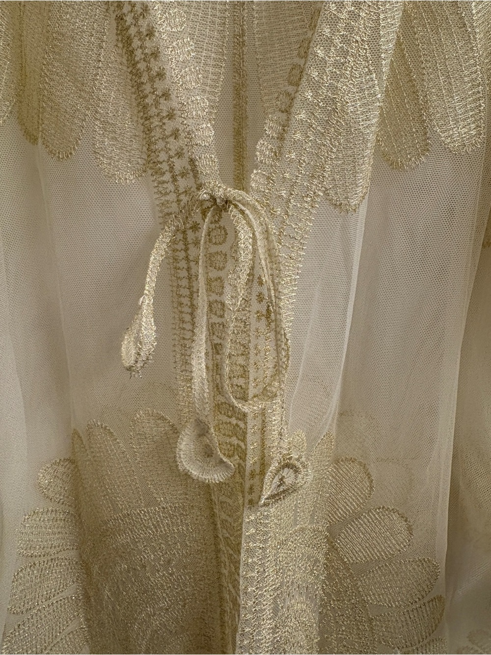 Sheer Embroidered Tie-Front Chemise in Gold